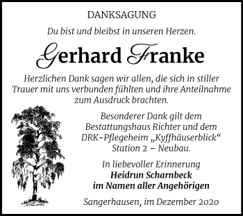Traueranzeige von Gerhard Franke von Mitteldeutsche Zeitung Sangerhausen