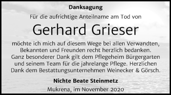 Traueranzeige von Gerhard Grieser von Mitteldeutsche Zeitung Bernburg