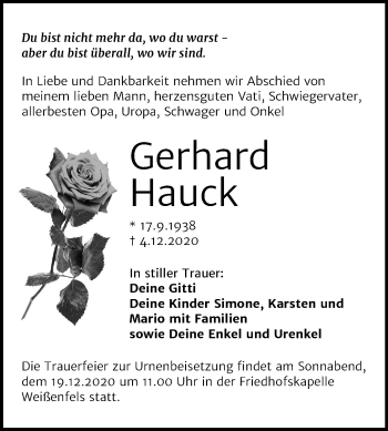 Traueranzeige von Gerhard Hauck von Wochenspiegel Weißenfels