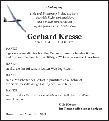 Traueranzeige von Gerhard Kresse von Wochenspiegel Naumburg/Nebra