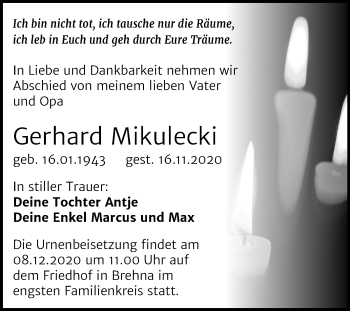 Traueranzeige von Gerhard Mikulecki von Wochenspiegel Bitterfeld