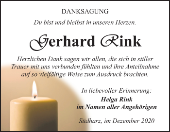 Traueranzeige von Gerhard Rink von Mitteldeutsche Zeitung Sangerhausen