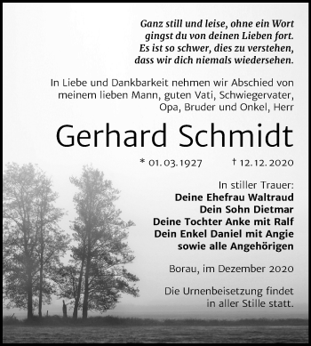 Traueranzeige von Gerhard Schmidt von Wochenspiegel Weißenfels