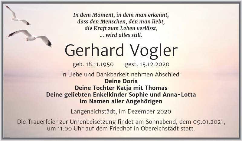  Traueranzeige für Gerhard Vogler vom 23.12.2020 aus Mitteldeutsche Zeitung Merseburg/Querfurt