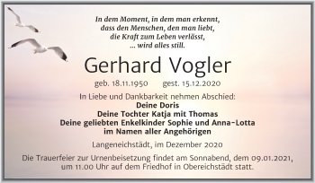 Traueranzeige von Gerhard Vogler von Mitteldeutsche Zeitung Merseburg/Querfurt
