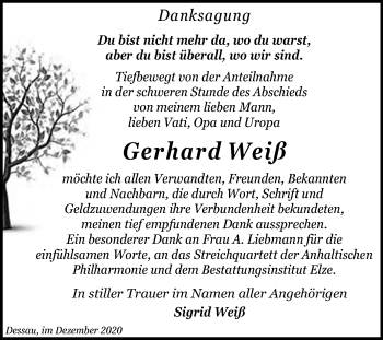 Traueranzeige von Gerhard Weiß von Super Sonntag Dessau-Roßlau