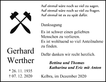 Traueranzeige von Gerhard Werther von Mitteldeutsche Zeitung Sangerhausen