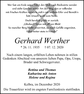 Traueranzeige von Gerhard Werther von Mitteldeutsche Zeitung Sangerhausen