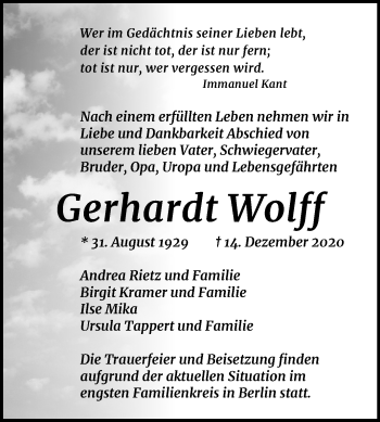 Traueranzeige von Gerhardt Wolff von Mitteldeutsche Zeitung Halle/Saalkreis