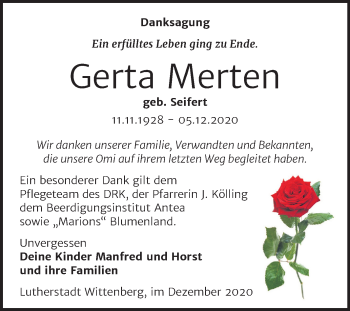 Traueranzeige von Gerta Merten von Super Sonntag Wittenberg