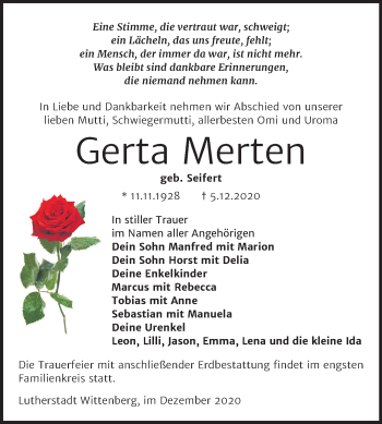 Traueranzeige von Gerta Merten von Super Sonntag Wittenberg