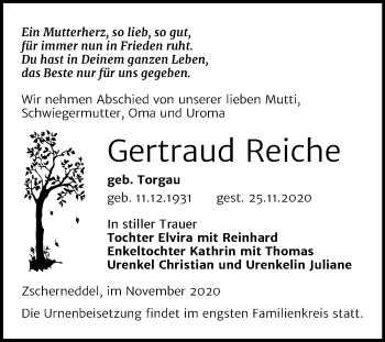 Traueranzeige von Gertraud Reiche von Mitteldeutsche Zeitung Merseburg/Querfurt