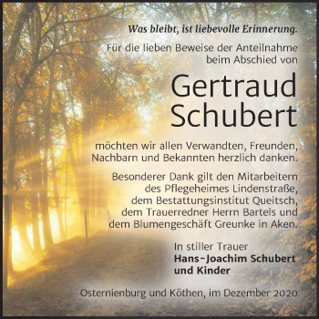 Traueranzeige von Gertraud Schubert von Super Sonntag Köthen