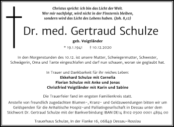 Traueranzeige von Gertraud Schulze von Super Sonntag Dessau-Roßlau