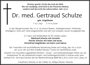 Traueranzeige von Gertraud Schulze von Mitteldeutsche Zeitung Dessau-Roßlau
