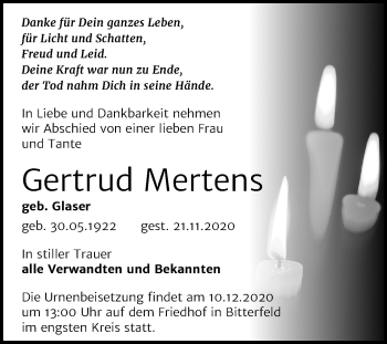 Traueranzeige von Gertrud Mertens von Mitteldeutsche Zeitung Bitterfeld