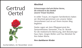 Traueranzeige von Gertrud Oertel von Mitteldeutsche Zeitung Aschersleben