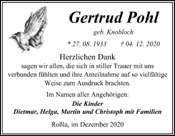 Traueranzeige von Gertrud Pohl von Mitteldeutsche Zeitung Sangerhausen