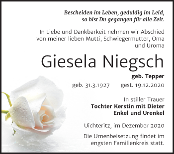 Traueranzeige von Giesela Niegsch von Mitteldeutsche Zeitung Weißenfels
