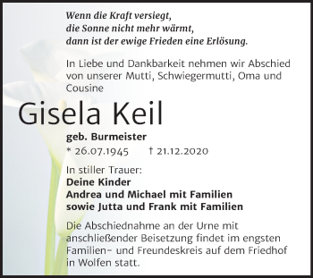 Traueranzeige von Gisela Keil von Mitteldeutsche Zeitung Bitterfeld