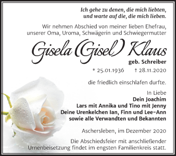 Traueranzeige von Gisela Klaus von Super Sonntag Aschersleben