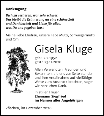Traueranzeige von Gisela Kluge von Mitteldeutsche Zeitung Merseburg/Querfurt
