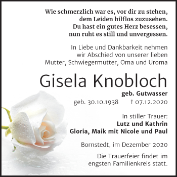 Traueranzeige von Gisela Knobloch von Mitteldeutsche Zeitung Mansfelder Land
