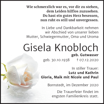 Traueranzeige von Gisela Knobloch von Super Sonntag Mansfelder Land
