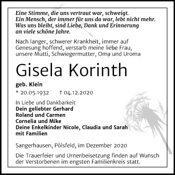 Traueranzeige von Gisela Korinth von Mitteldeutsche Zeitung Sangerhausen