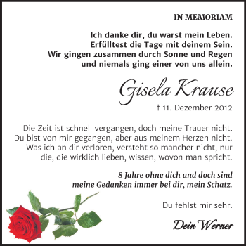 Traueranzeige von Gisela Krause von Mitteldeutsche Zeitung Aschersleben