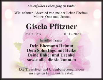 Traueranzeige von Gisela Pfitzner von Super Sonntag Dessau-Roßlau