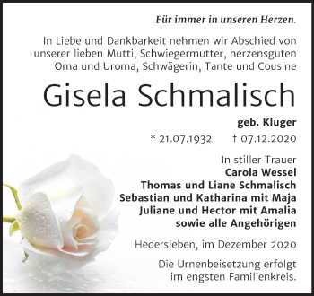 Traueranzeige von Gisela Schmalisch von Mitteldeutsche Zeitung Quedlinburg
