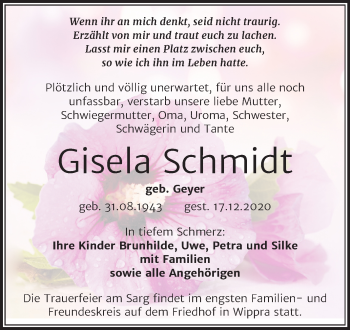 Traueranzeige von Gisela Schmidt von Mitteldeutsche Zeitung Sangerhausen