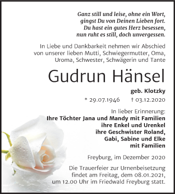 Traueranzeige von Gudrun Hänsel von Wochenspiegel Naumburg/Nebra