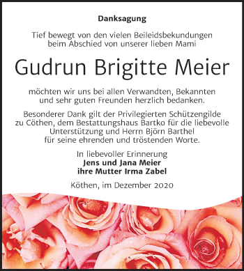 Traueranzeige von Gudrun Brigitte Meier von Mitteldeutsche Zeitung Köthen