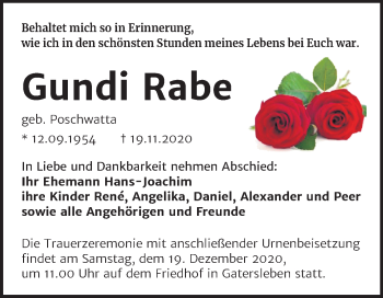 Traueranzeige von Gundi Rabe von Super Sonntag Aschersleben