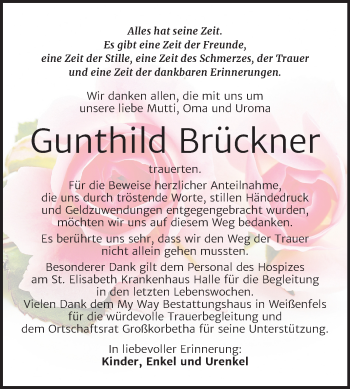 Traueranzeige von Gunthild Brückner von Wochenspiegel Weißenfels