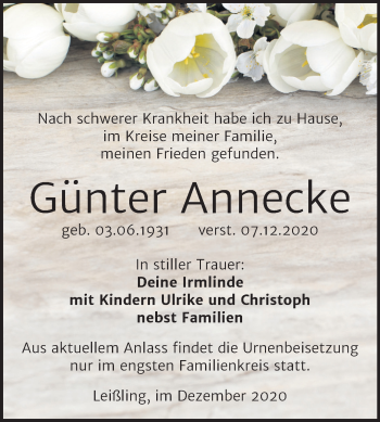 Traueranzeige von Günter Annecke von Mitteldeutsche Zeitung Weißenfels
