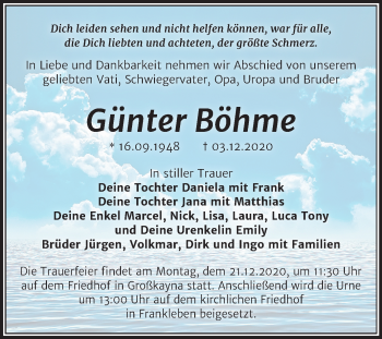 Traueranzeige von Günter Böhme von Super Sonntag Merseburg/Querfurt