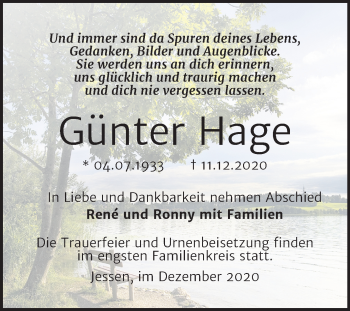 Traueranzeige von Günter Hage von Super Sonntag Wittenberg