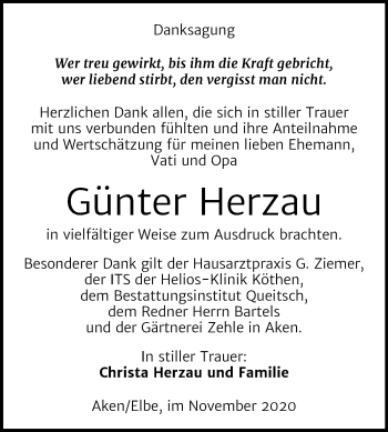 Traueranzeige von Günter Herzau von Super Sonntag Köthen