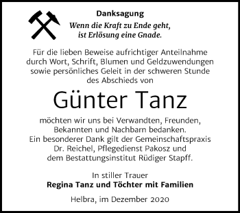 Traueranzeige von Günter Tanz von Super Sonntag Mansfelder Land