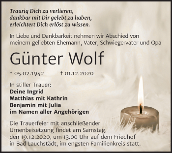 Traueranzeige von Günter Wolf von Super Sonntag Merseburg/Querfurt