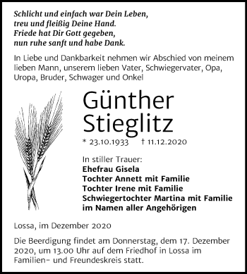 Traueranzeige von Günther Stieglitz von Mitteldeutsche Zeitung Naumburg/Nebra