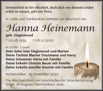 Traueranzeige von Hanna Heinemann von Super Sonntag Aschersleben