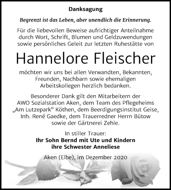 Traueranzeige von Hannelore Fleischer von Super Sonntag Köthen