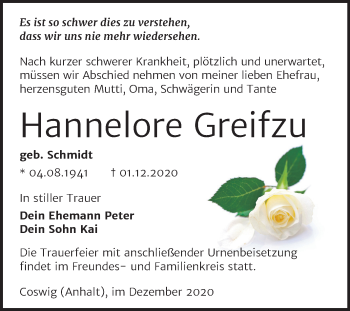 Traueranzeige von Hannelore Greifzu von Mitteldeutsche Zeitung Wittenberg