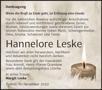 Traueranzeige von Hannelore Leske von Mitteldeutsche Zeitung Wittenberg