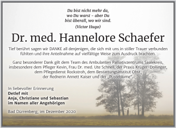 Traueranzeige von Hannelore Schaefer von Mitteldeutsche Zeitung Merseburg/Querfurt