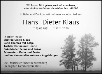Traueranzeige von Hans-Dieter Klaus von Super Sonntag Wittenberg